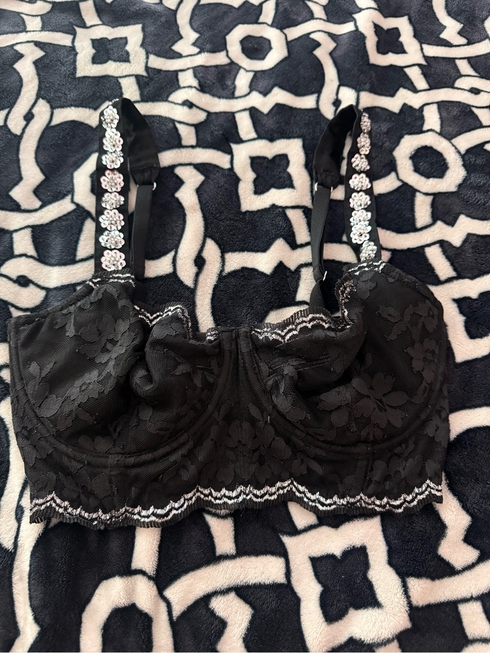 Victoria's Secret Black Lace Longline Bra with Jeweled Straps